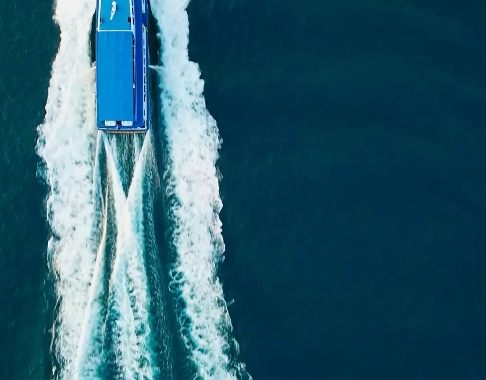 Dynamic Aeial View of a Moving Ferry on Tioman Island’s Ocean